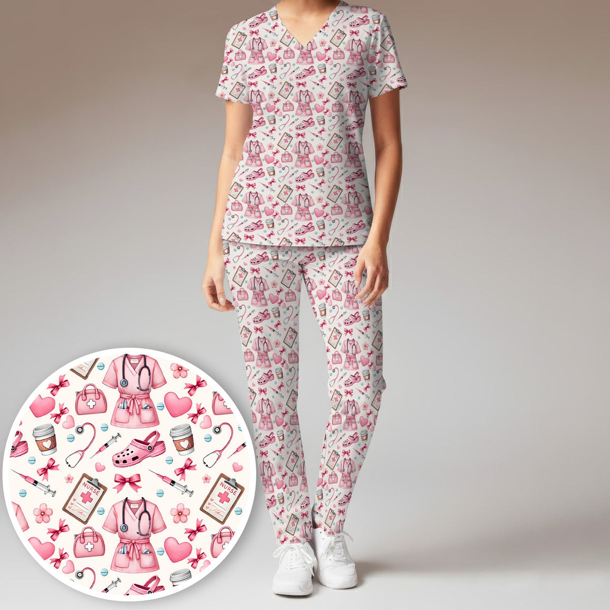 Valentine Pink Nurse Icons Scrub Set