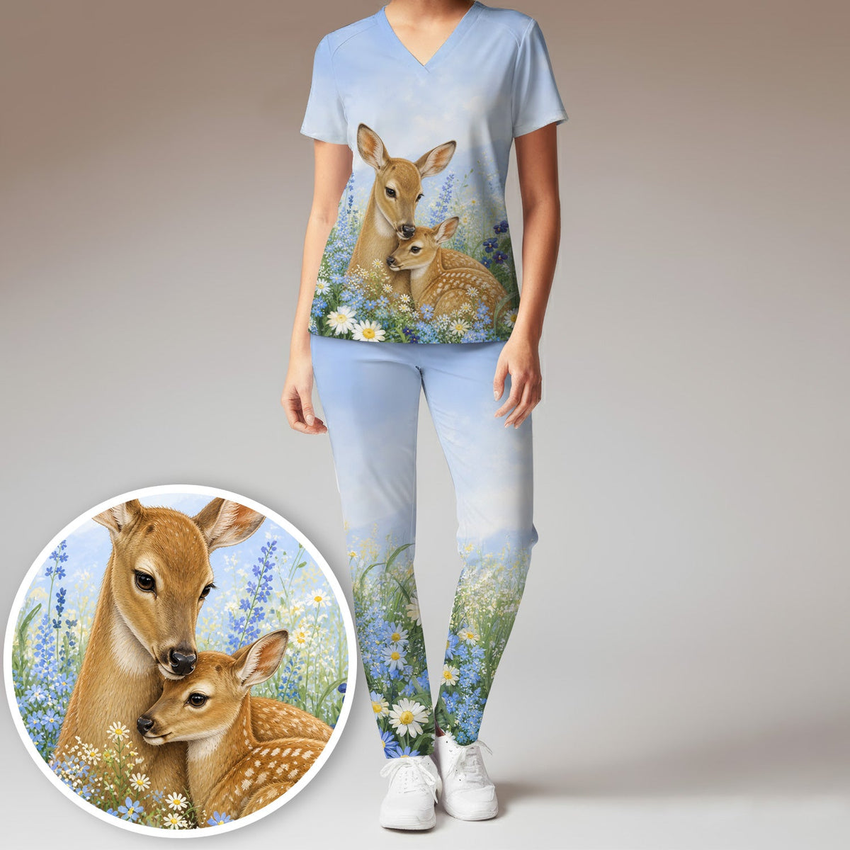 Deer Mother Baby Meadow Nurse Scrub Set