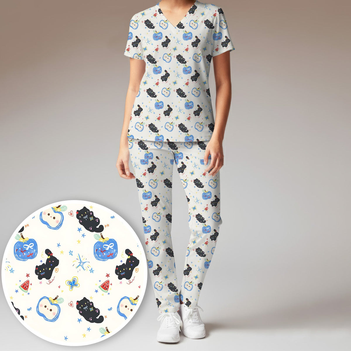Black Cat Apple Nurse Scrub Top