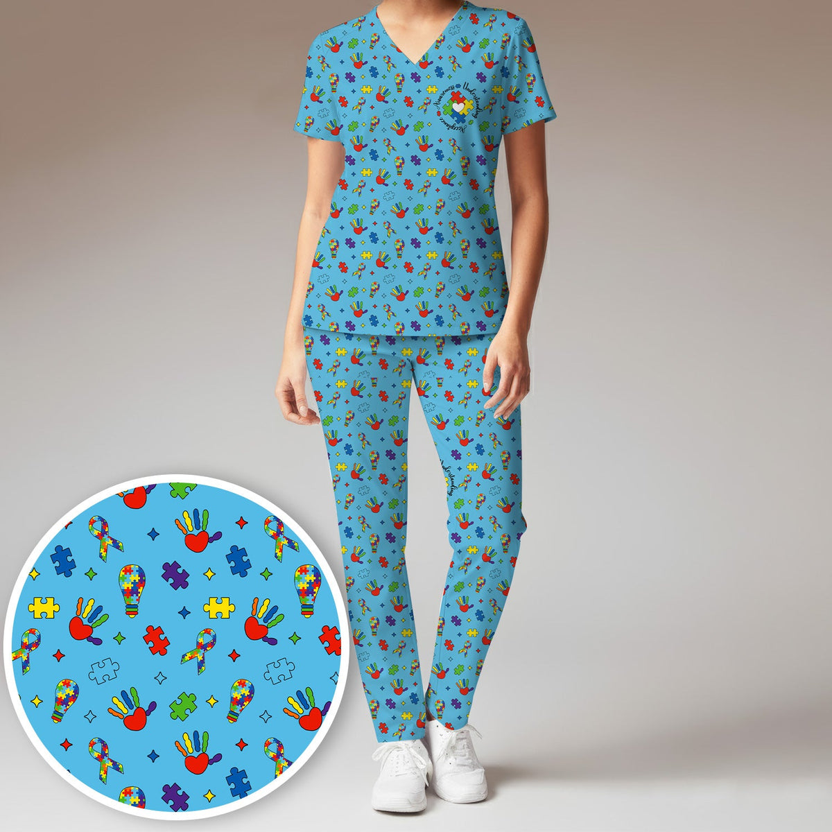 Autism Awareness Colorful Puzzle Nurse Scrub Set