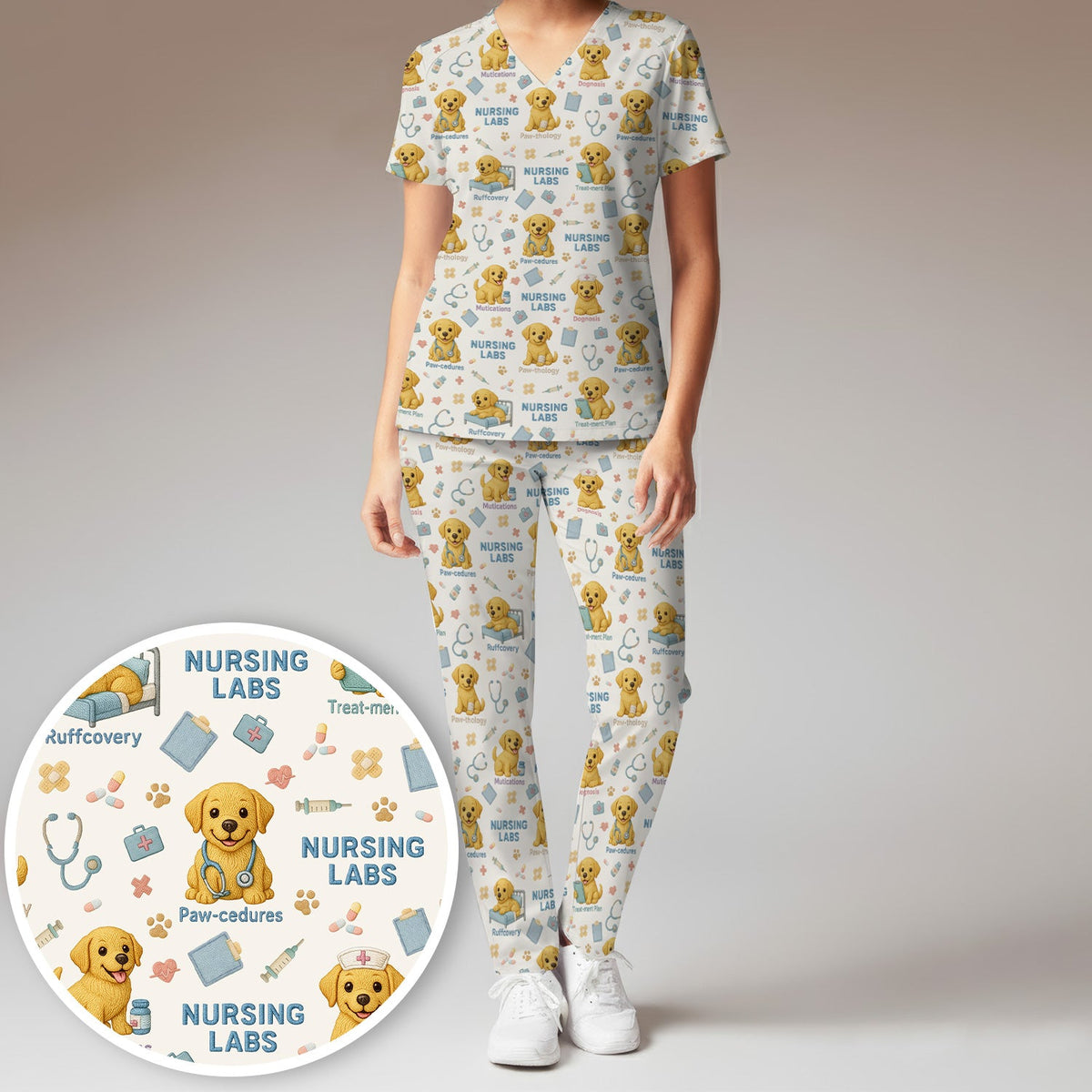 Labrador Nursing Scrub Set, Cute Dog Pattern Nurse Uniform,  Comfortable Scrubs For Nurses