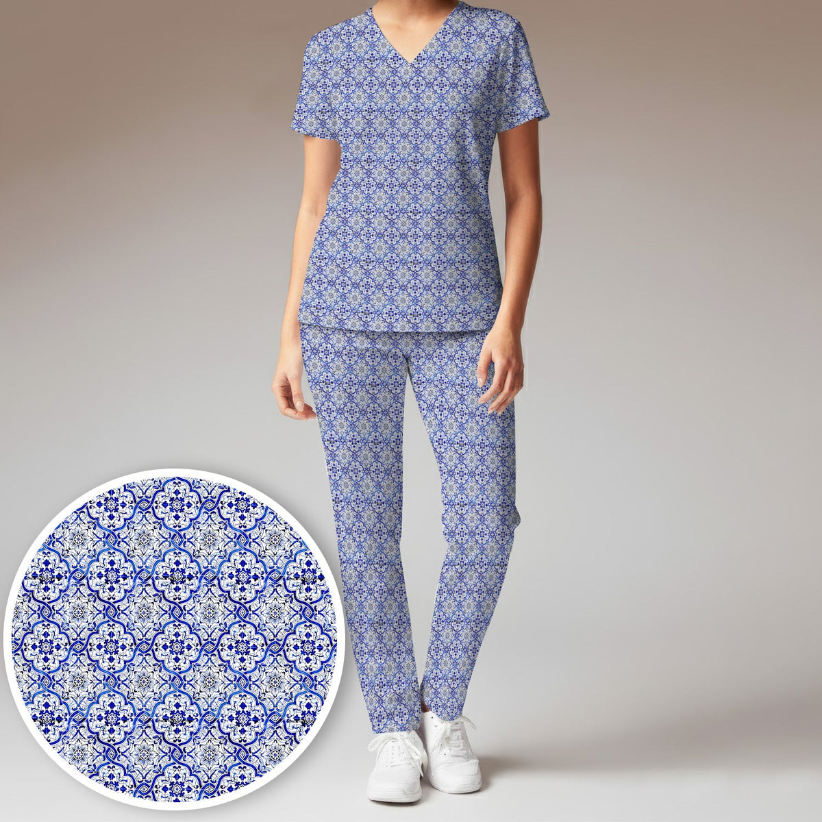Blue Vintage Tile Floral Nurse Scrub Set