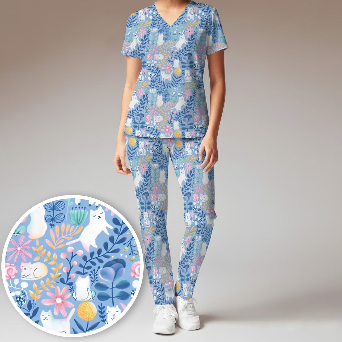 Whimsical Cat Floral Nurse Scrub Set
