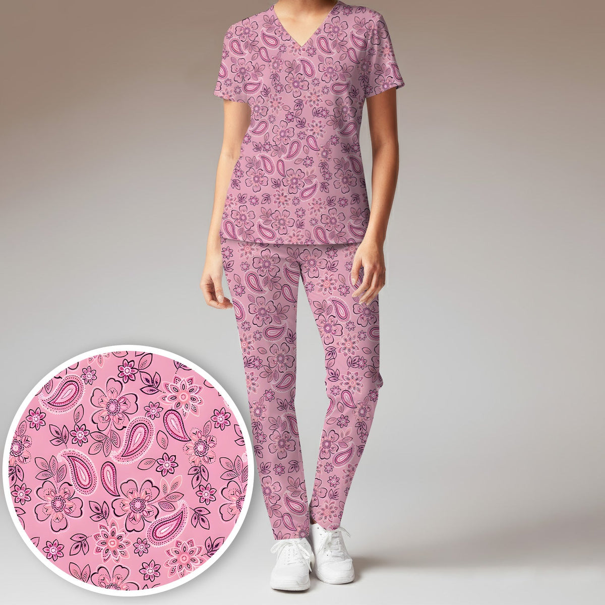 Pink Paisley Floral Nurse Scrub Set