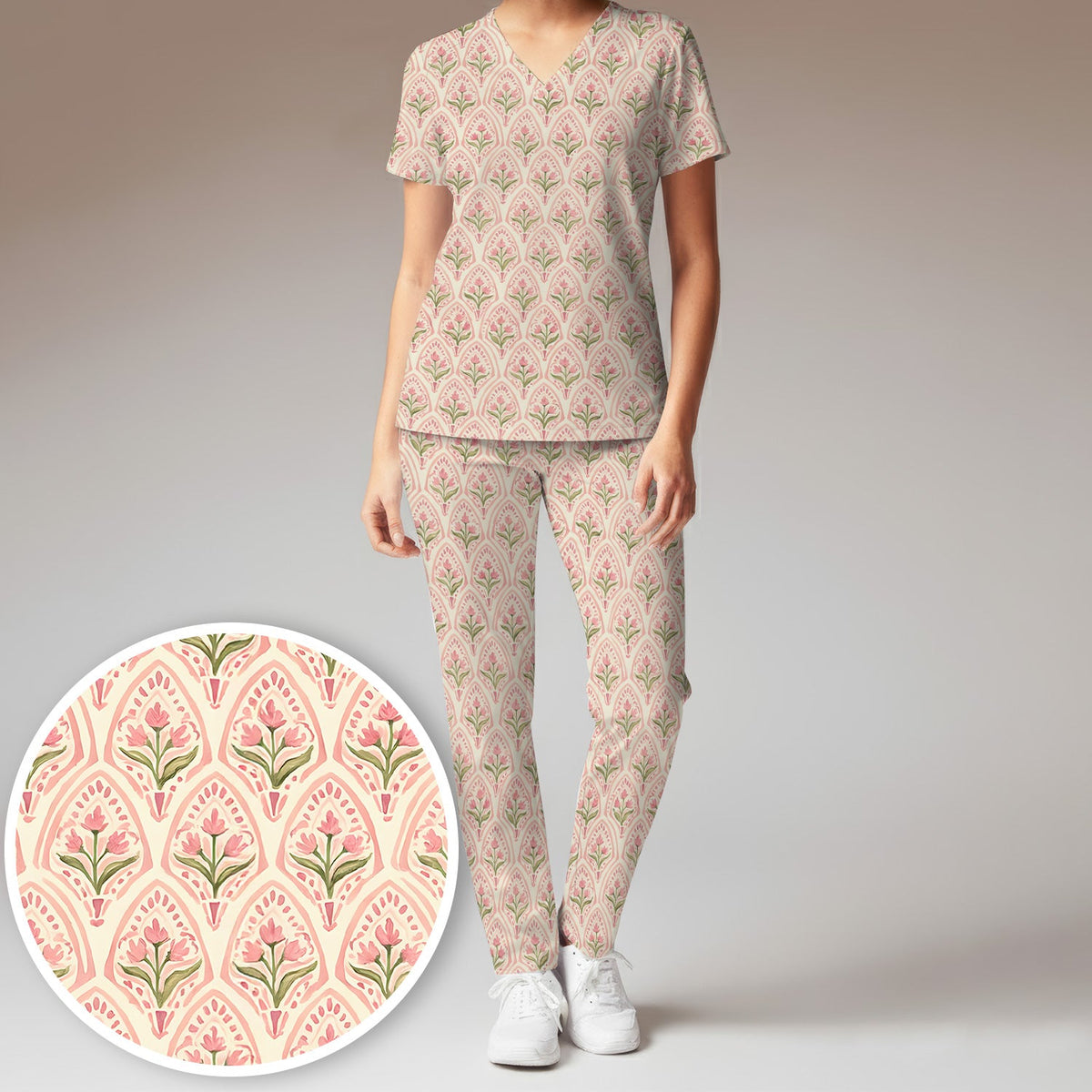 Pink Tulip Floral Arch Nurse Scrub Set