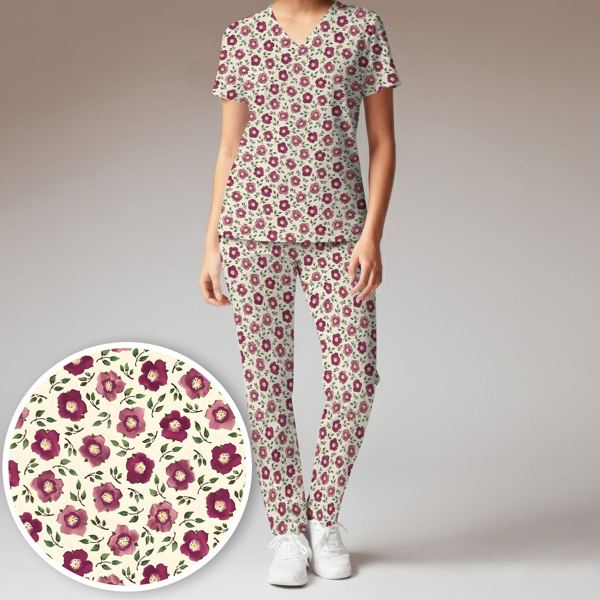 Purple Floral Blossom Leaf Nurse Scrub Set