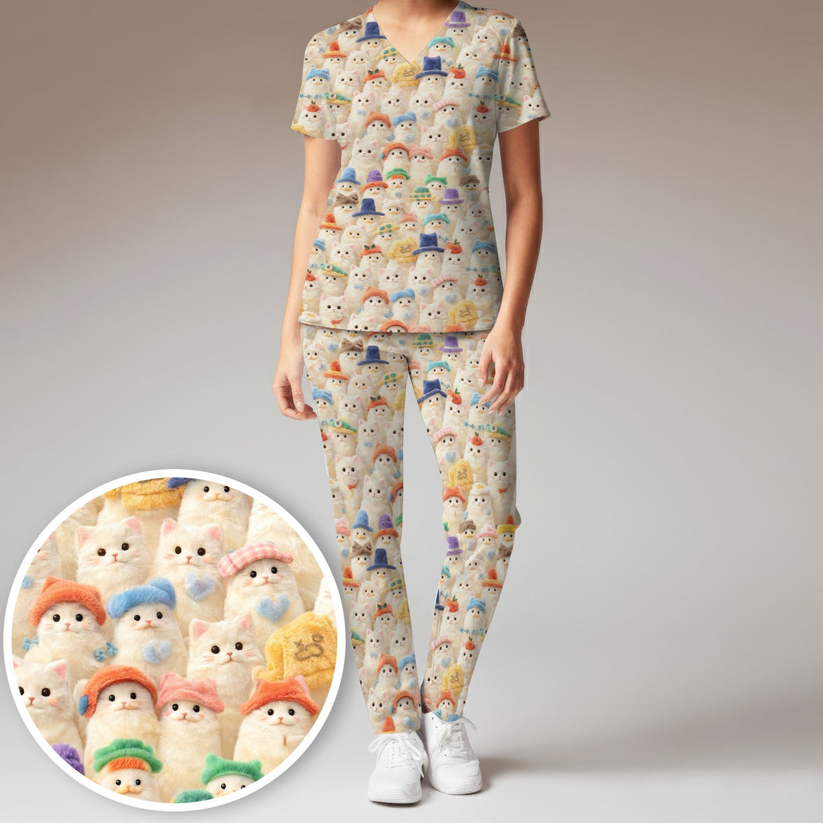 Adorable Cats Wearing Colorful Hats Nurse Scrub Set
