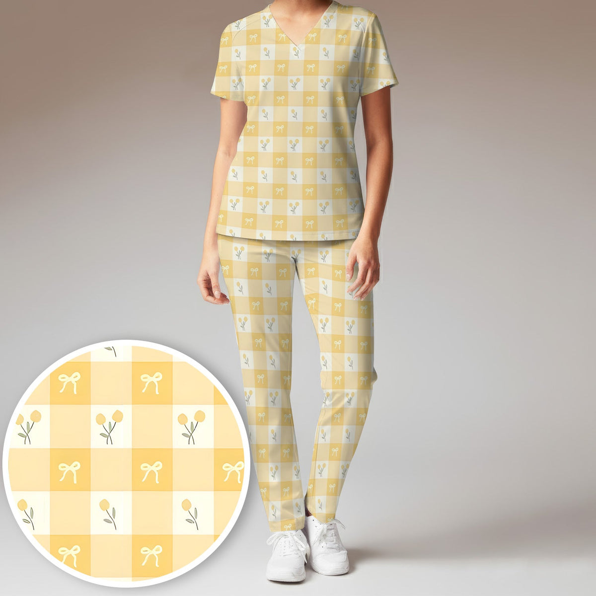 Yellow Gingham Bow Floral Nurse Scrub Set