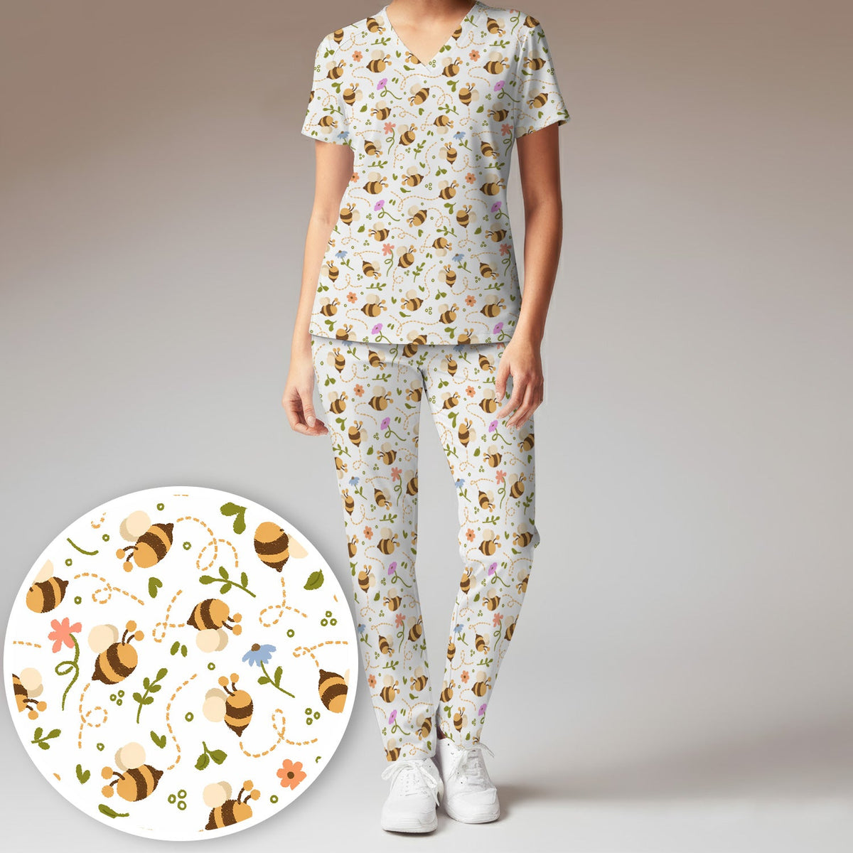 Bee Flying Floral Trail Garden Nurse Scrub Set