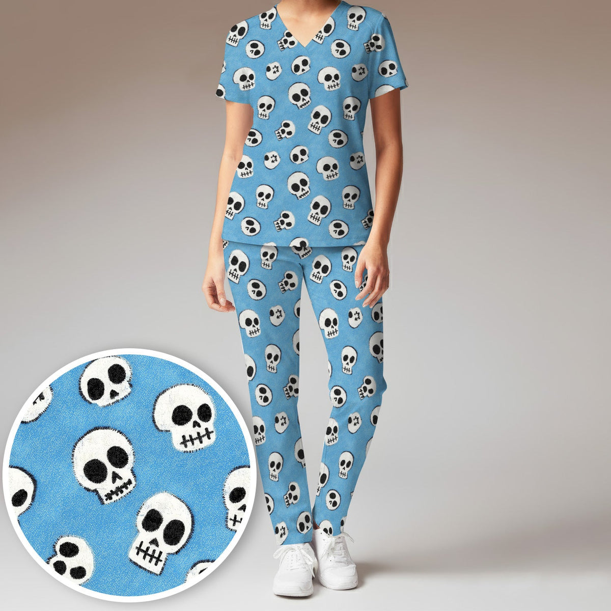 Blue Skull Nurse Scrub Set - Halloween Gift