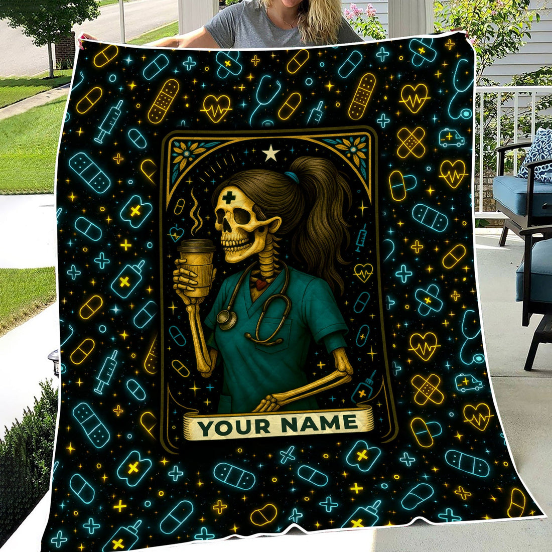 Personalized Halloween Skeleton Coffee Nurse Blanket
