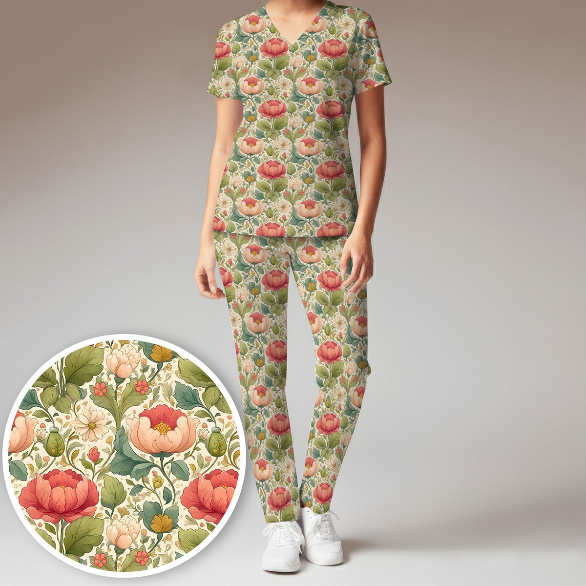 Vintage Botanical Peony Floral Nurse Scrub Set