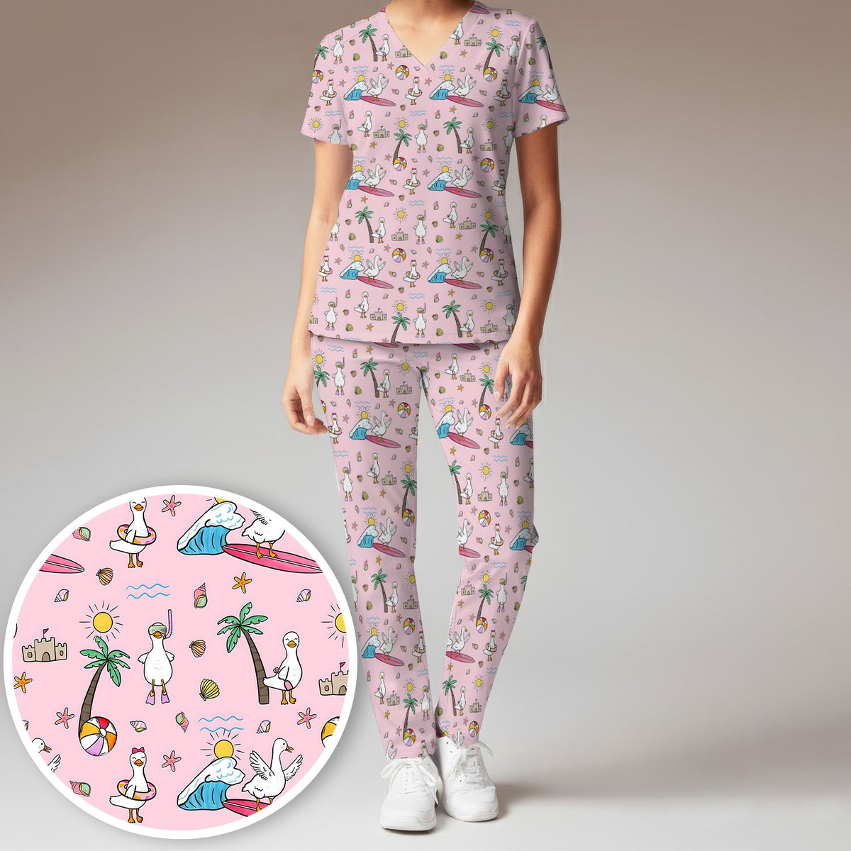 Seagull Surfboard Beach Palm Tree Nurse Scrub Set