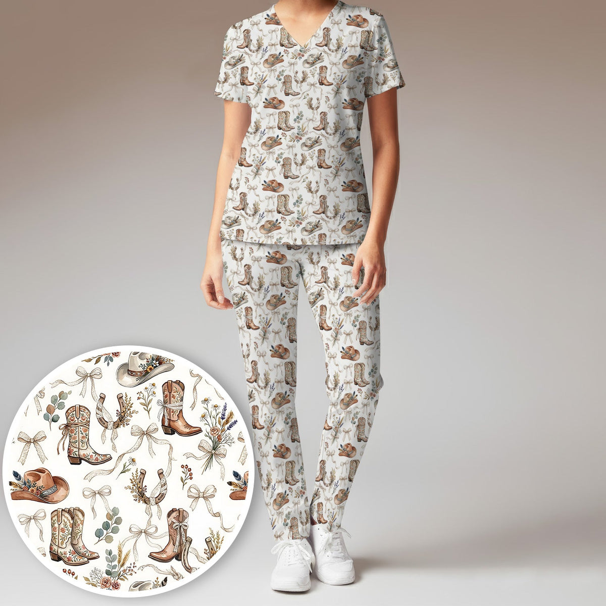 Western Cowboy Boots Hat Floral Pattern Scrub Set, Scrub Pants and V Neck Top