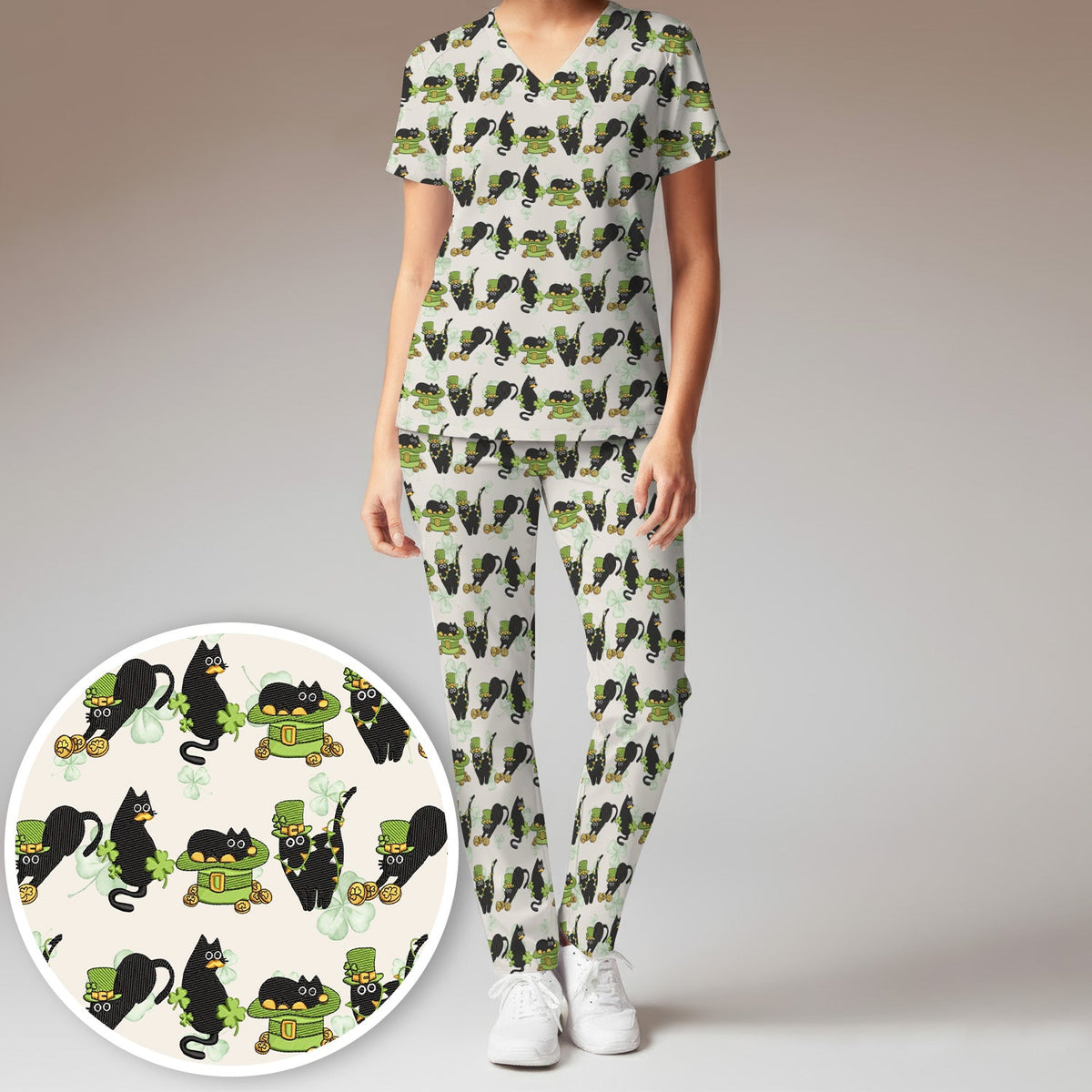 St Patrick Black Cat Clover Nurse Scrub Set