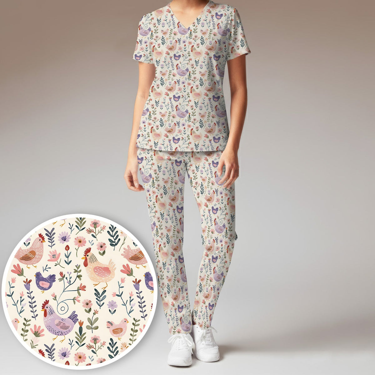 Farm Chicken Floral Garden Nurse Scrub Set