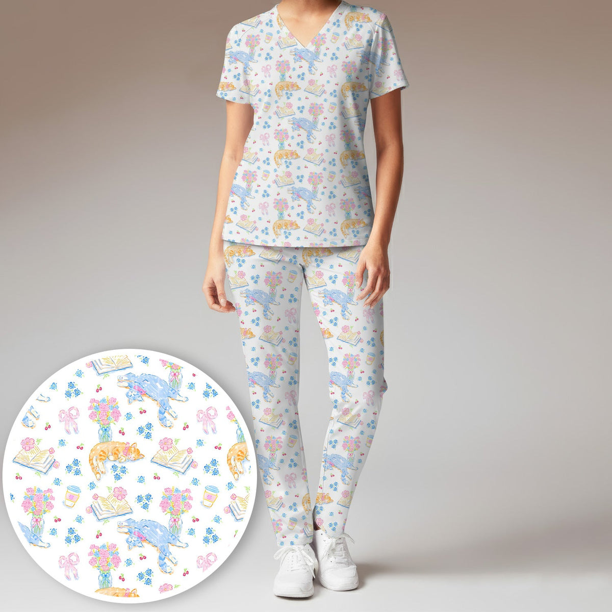 Cats Reading Floral Books Nurse Scrub Set