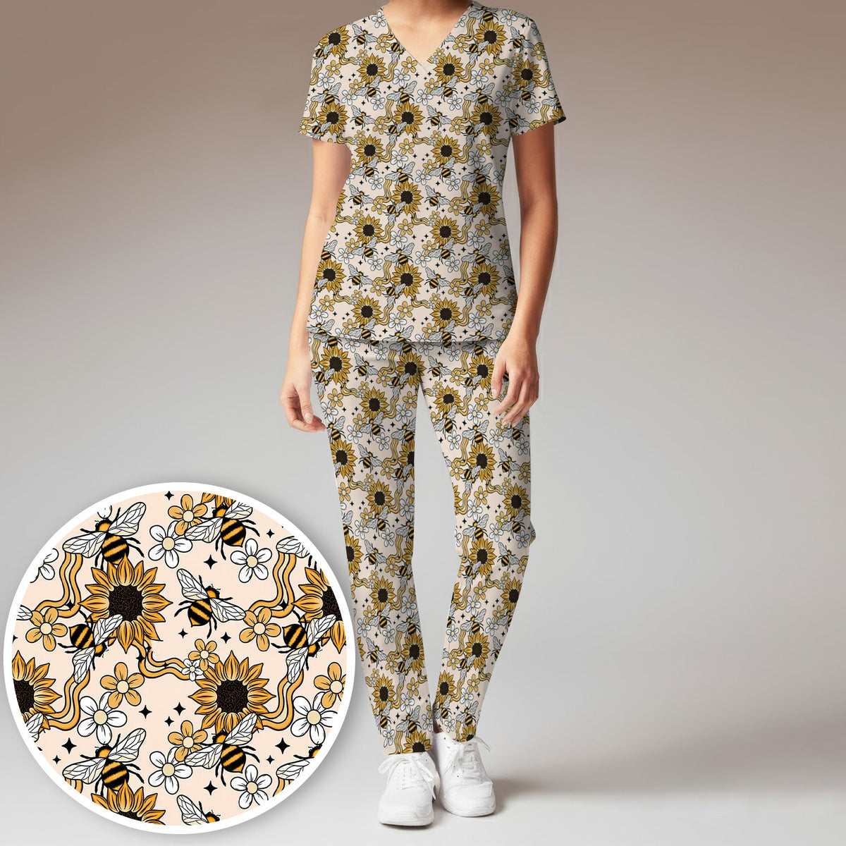 Sunflower Honey Bee Floral Nurse Scrub Set