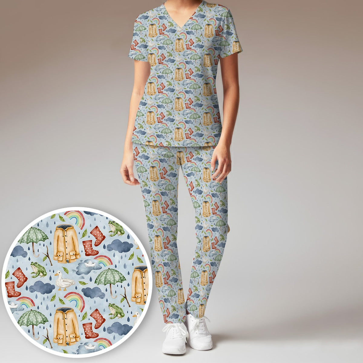 Rainy Day Ducks & Frog Nurse Scrub Set