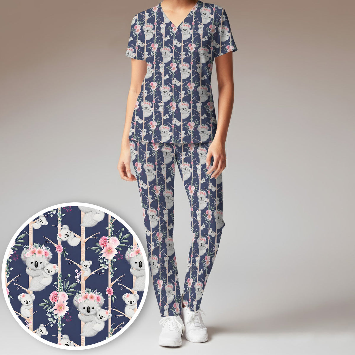 Koala Climbing Tree Blossom Nurse Scrub Set