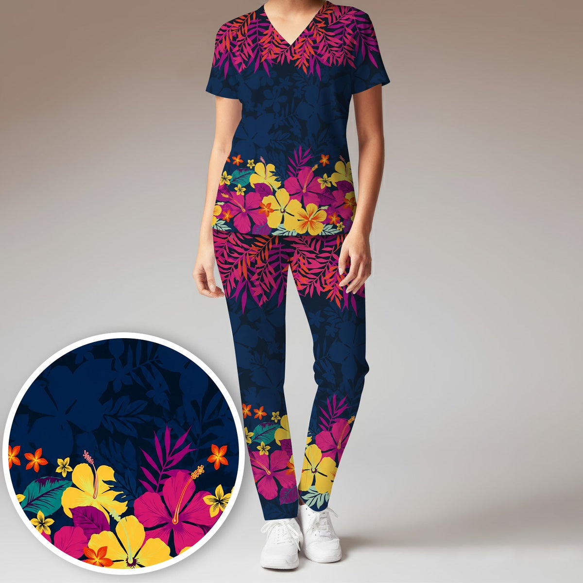 Tropical Hibiscus Palm Leaf Nurse Scrub Set