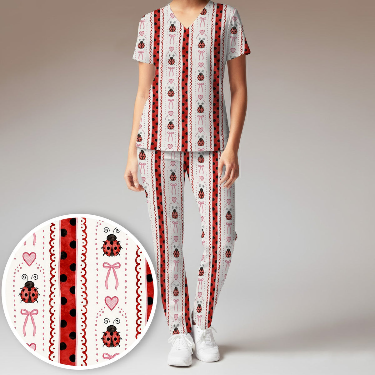 Ladybug Heart Bow Stripe Nurse Scrub Set