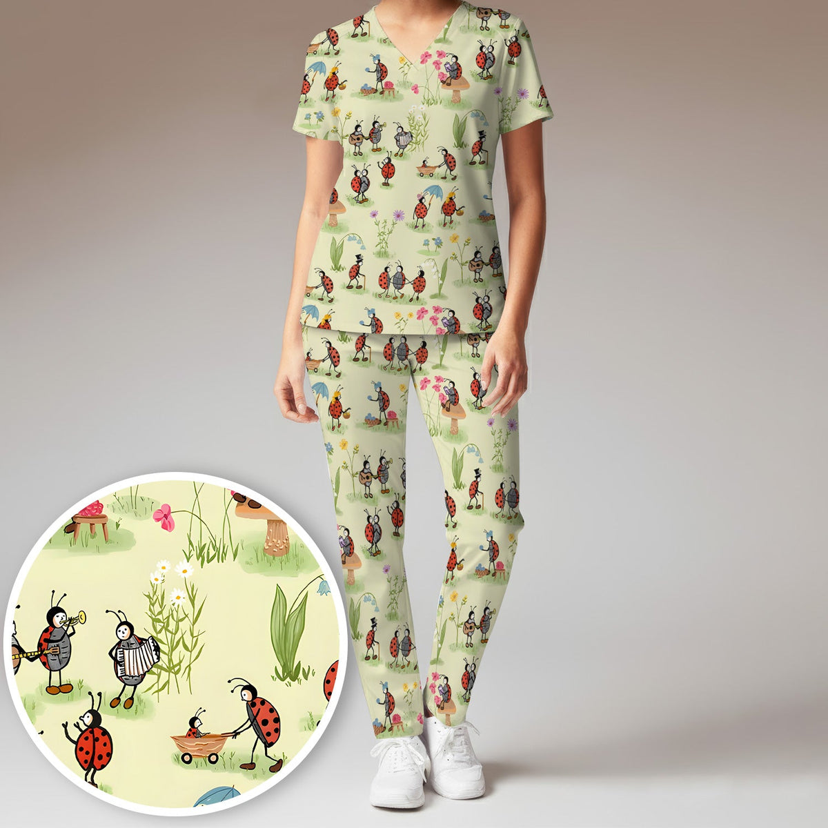 Whimsical Ladybug Garden Activity Nurse Scrub Set