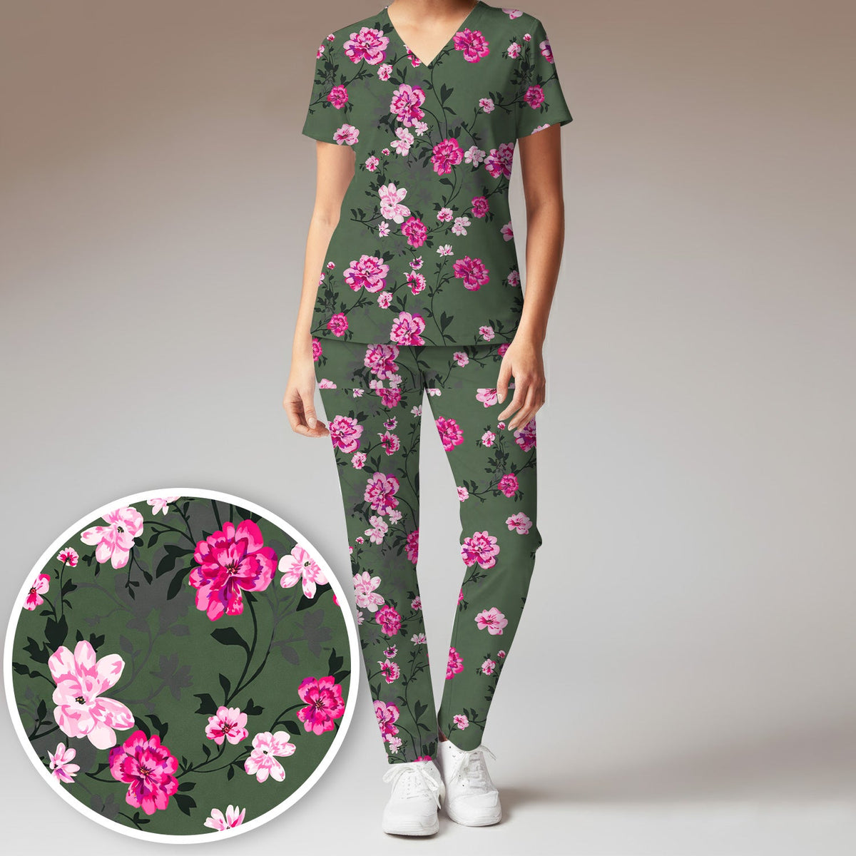 Pink Floral Blossom Nurse Scrub Set