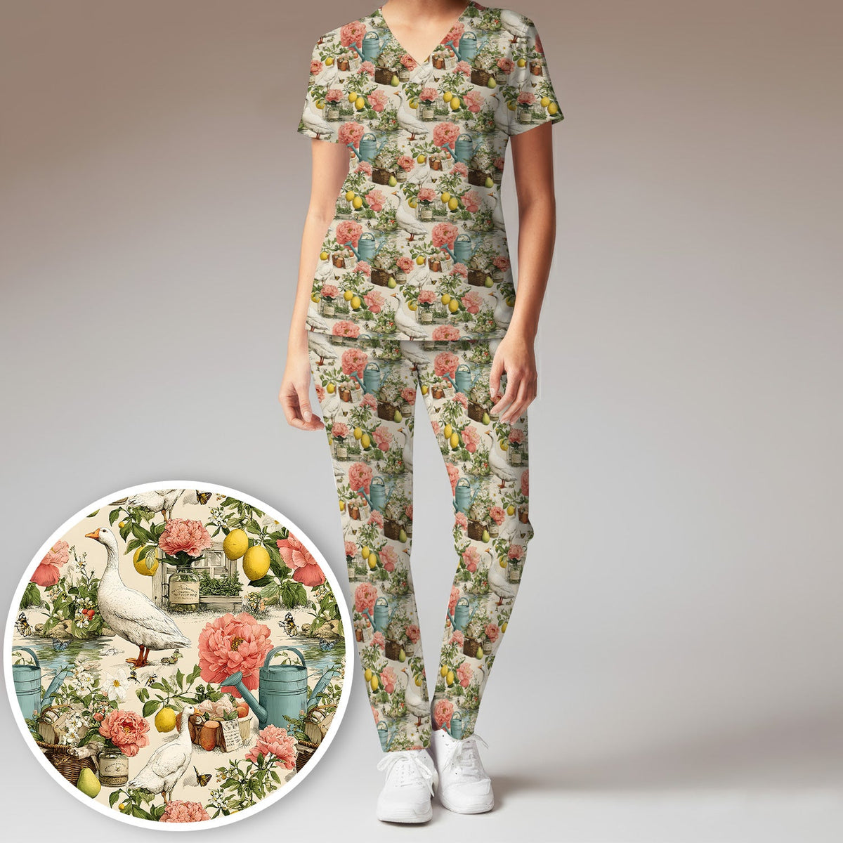 Vintage Goose Garden Floral Nurse Scrub Set