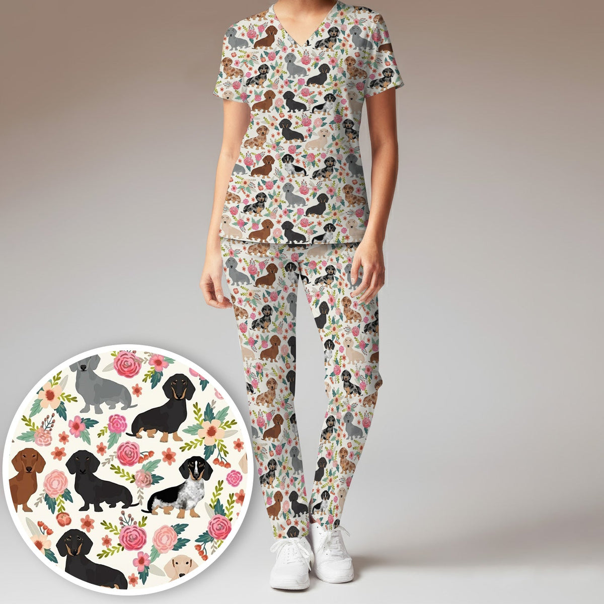 Adorable Dachshund Floral Nurse Scrub Set
