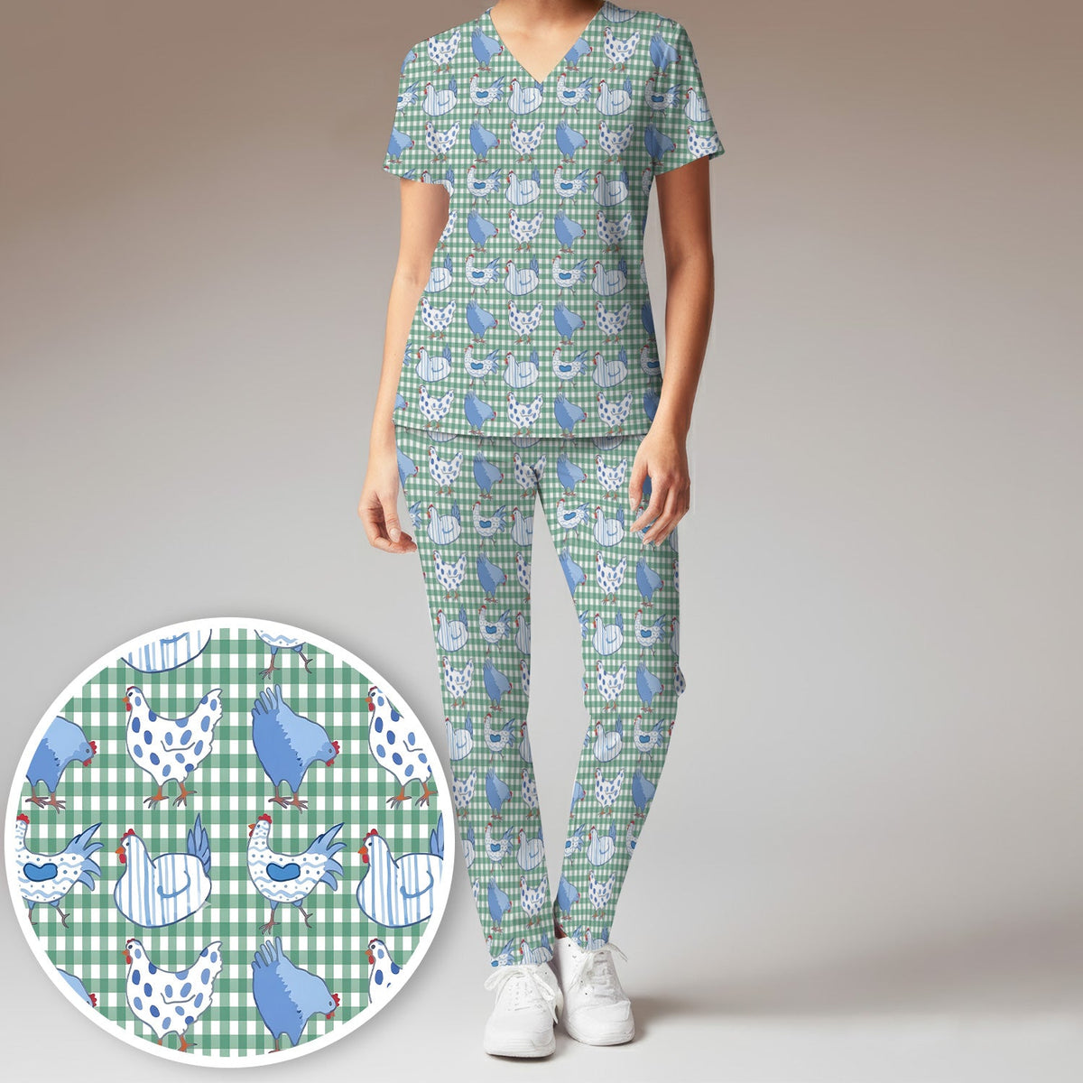 Blue Chicken Gingham Nurse Scrub Set