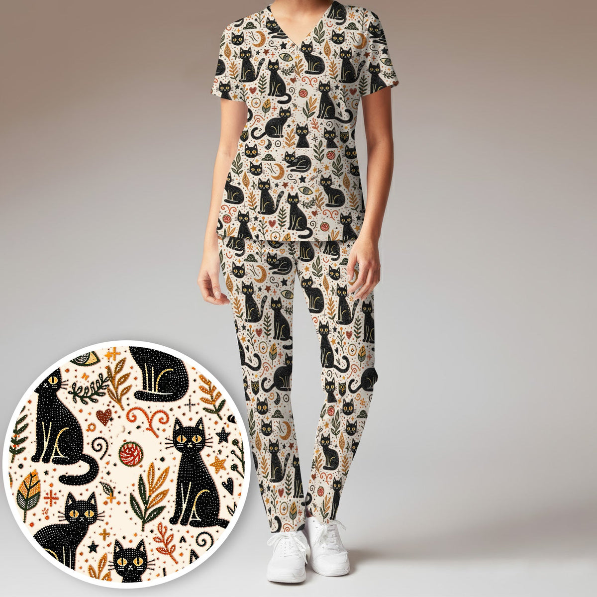 Mystic Black Cat Celestial Nurse Scrub Set