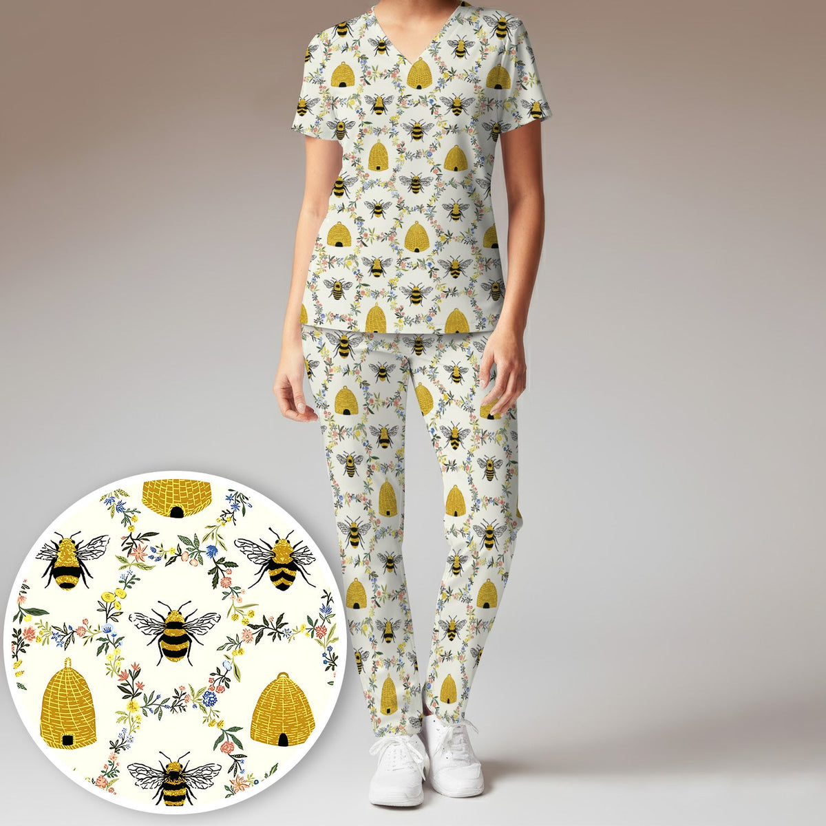 Honey Bee Beehive Floral Nurse Scrub Set
