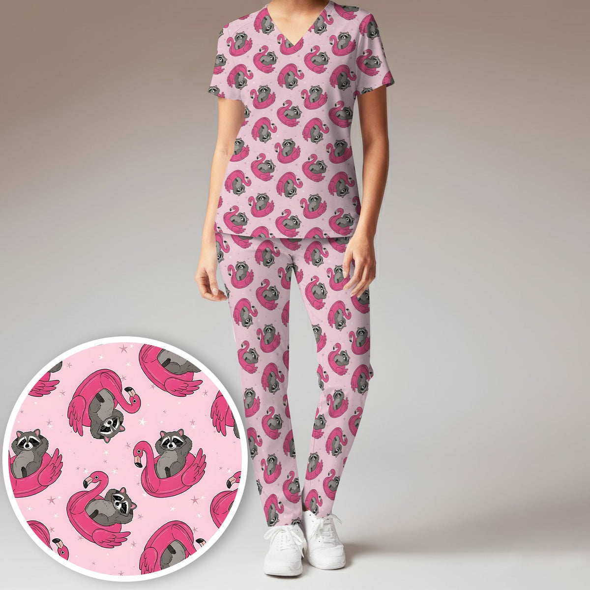 Raccoon Flamingo Float Nurse Scrub Set