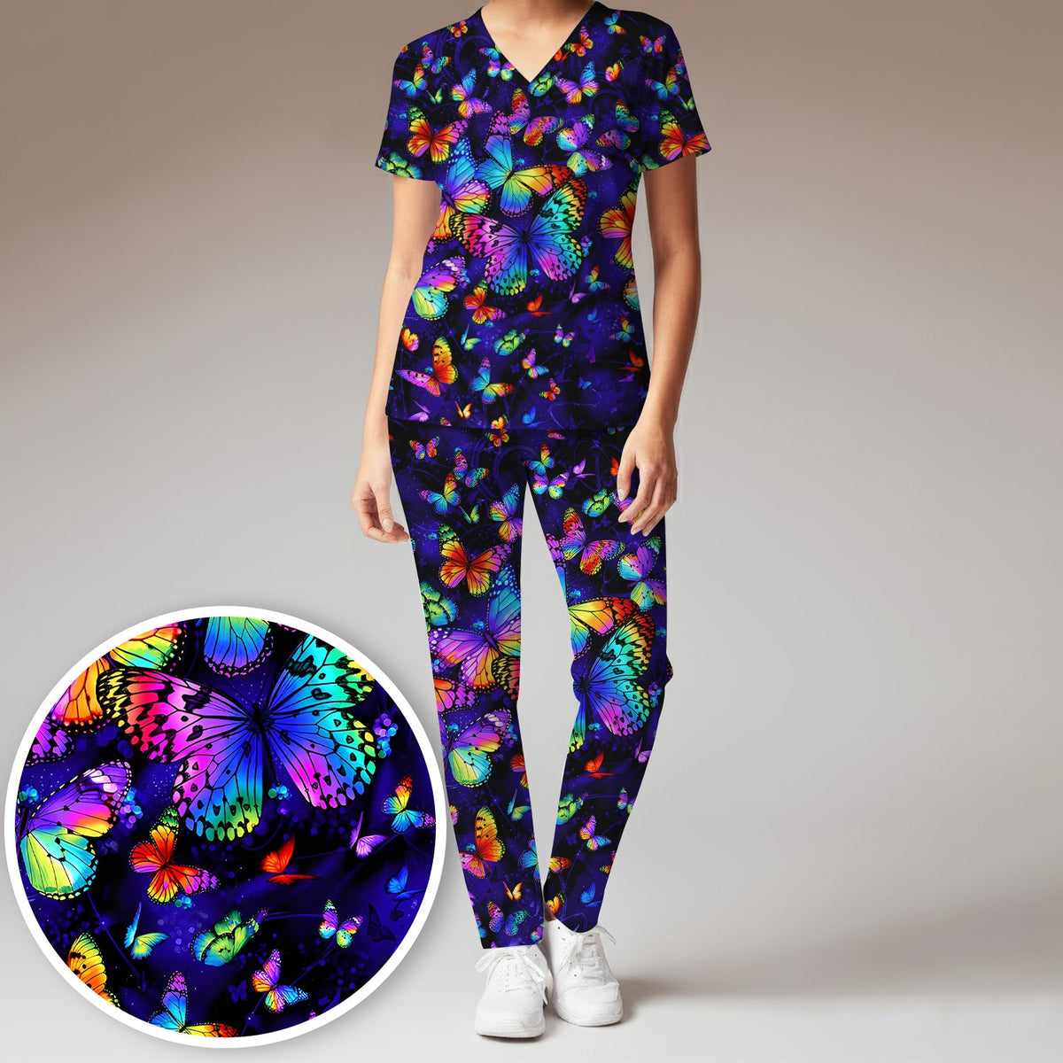 Vibrant Rainbow Butterfly Galaxy Nurse Scrub Set