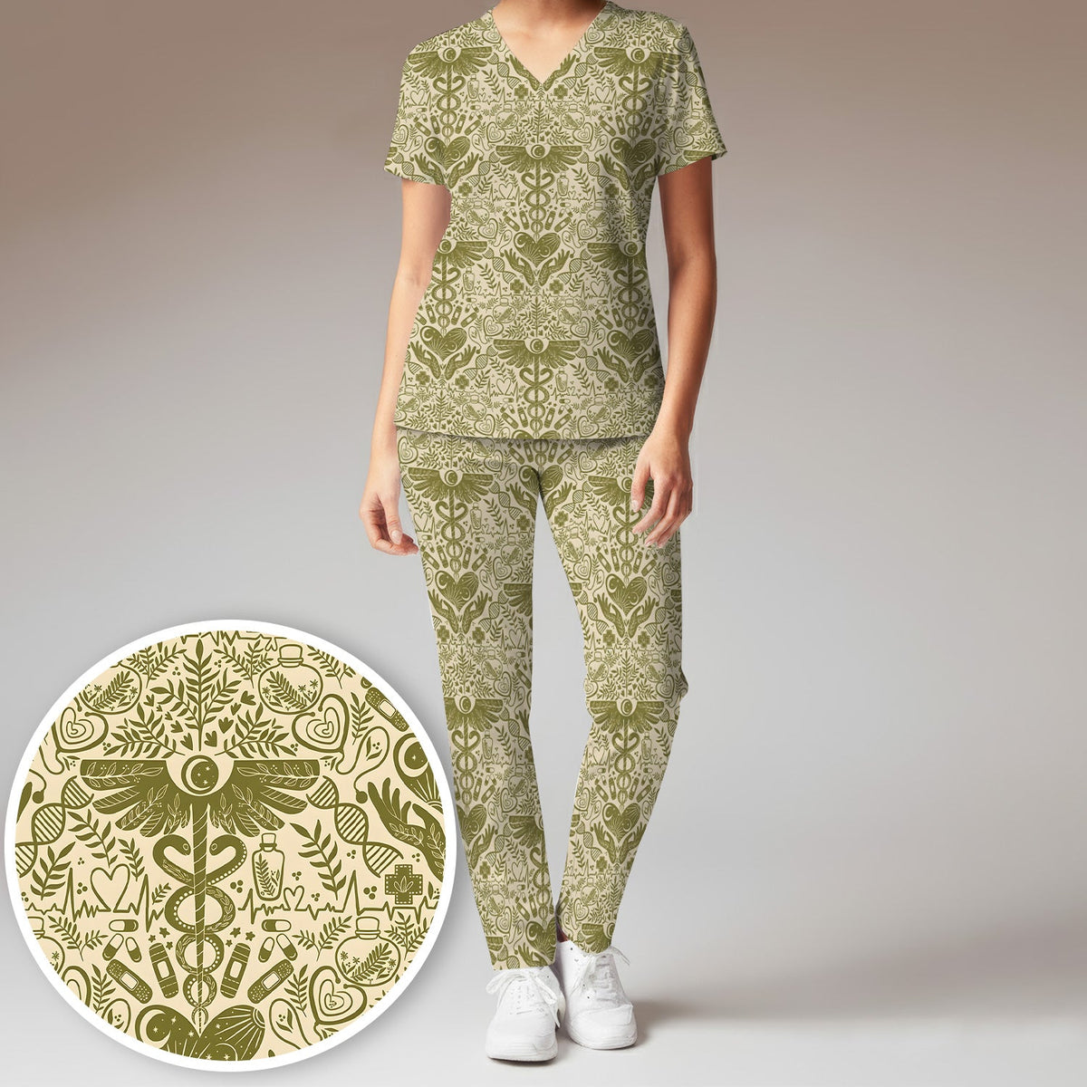 Botanical Caduceus Heart Nurse Scrub Set