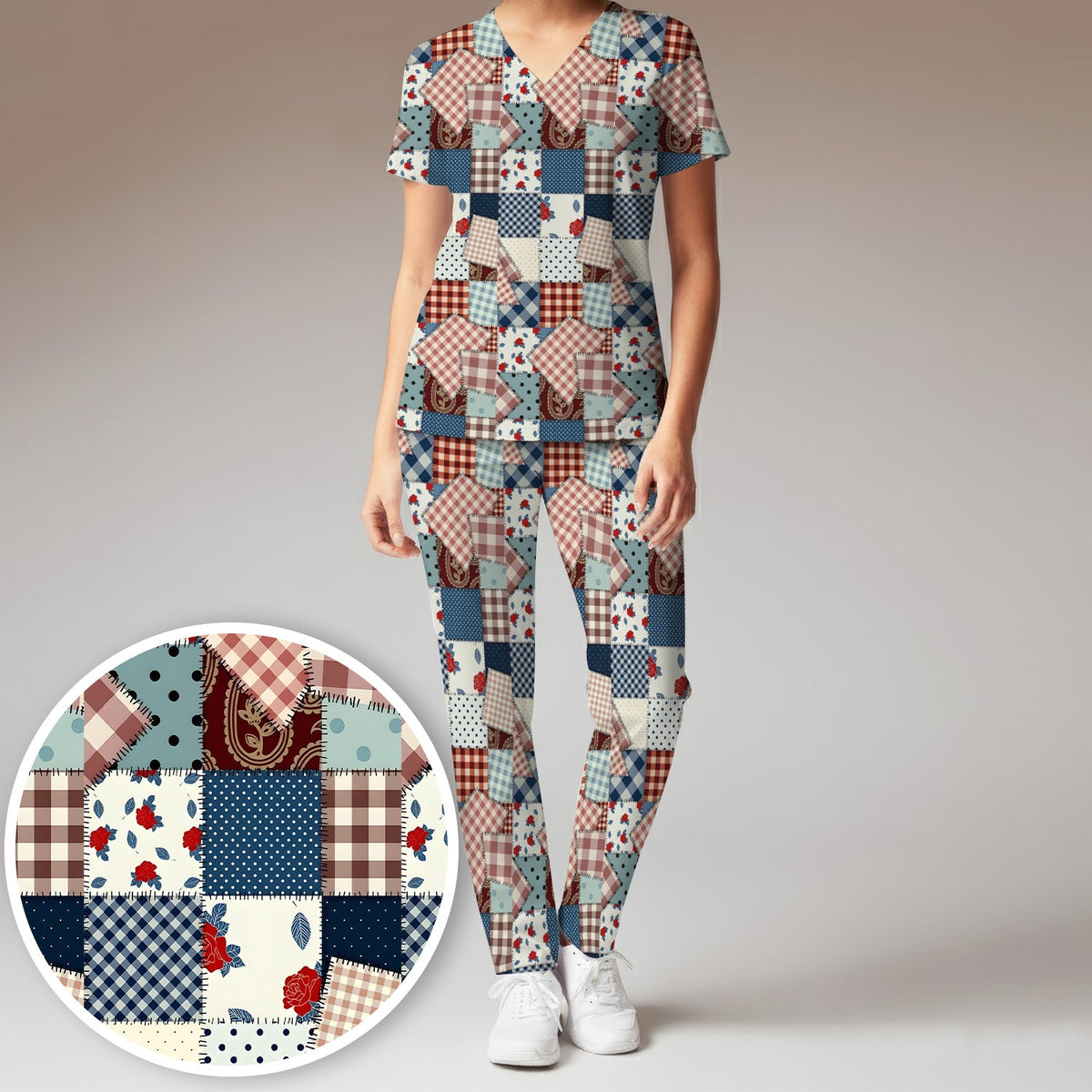 Retro Patchwork Plaid Quilt Nurse Scrub Set