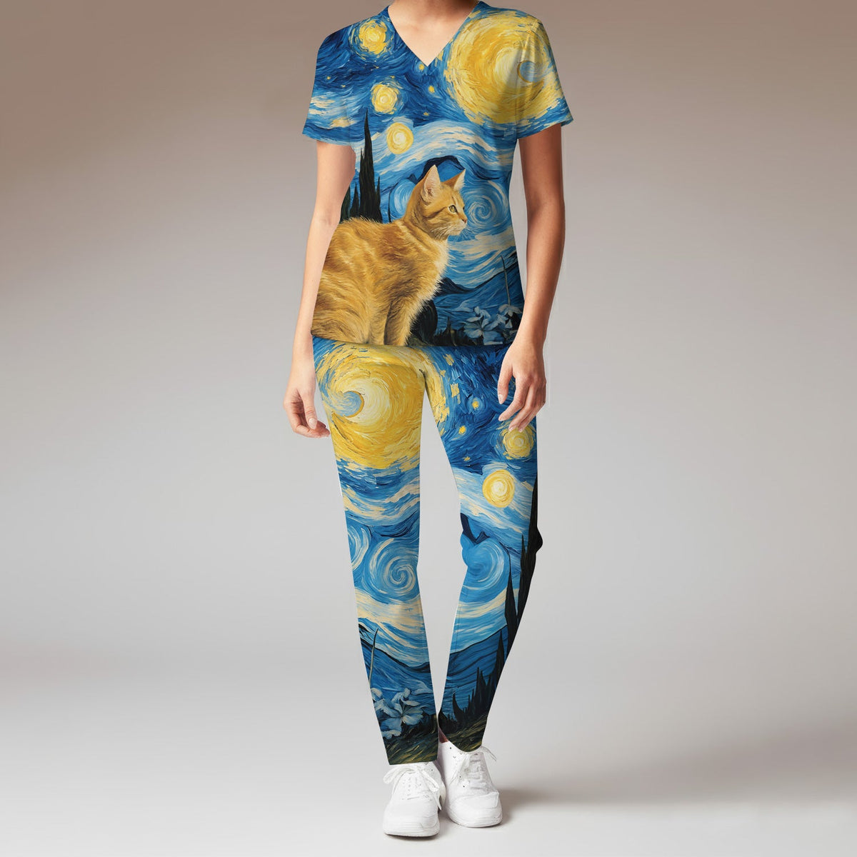Swirling Moonlit Cat Scene Nurse Scrub Set