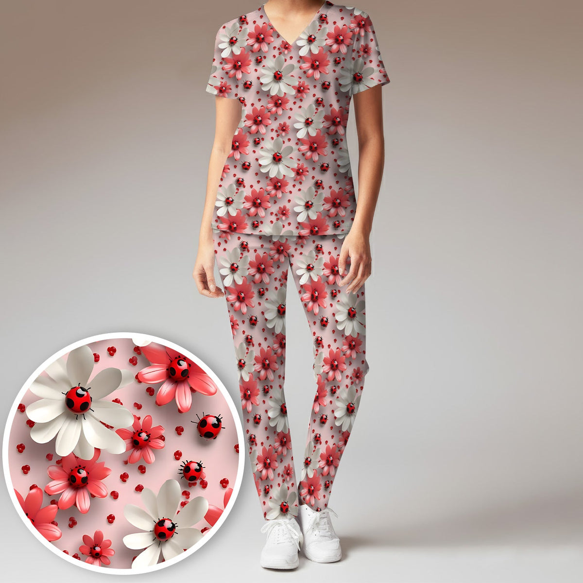 Red Ladybug Flower Nurse Scrub Set