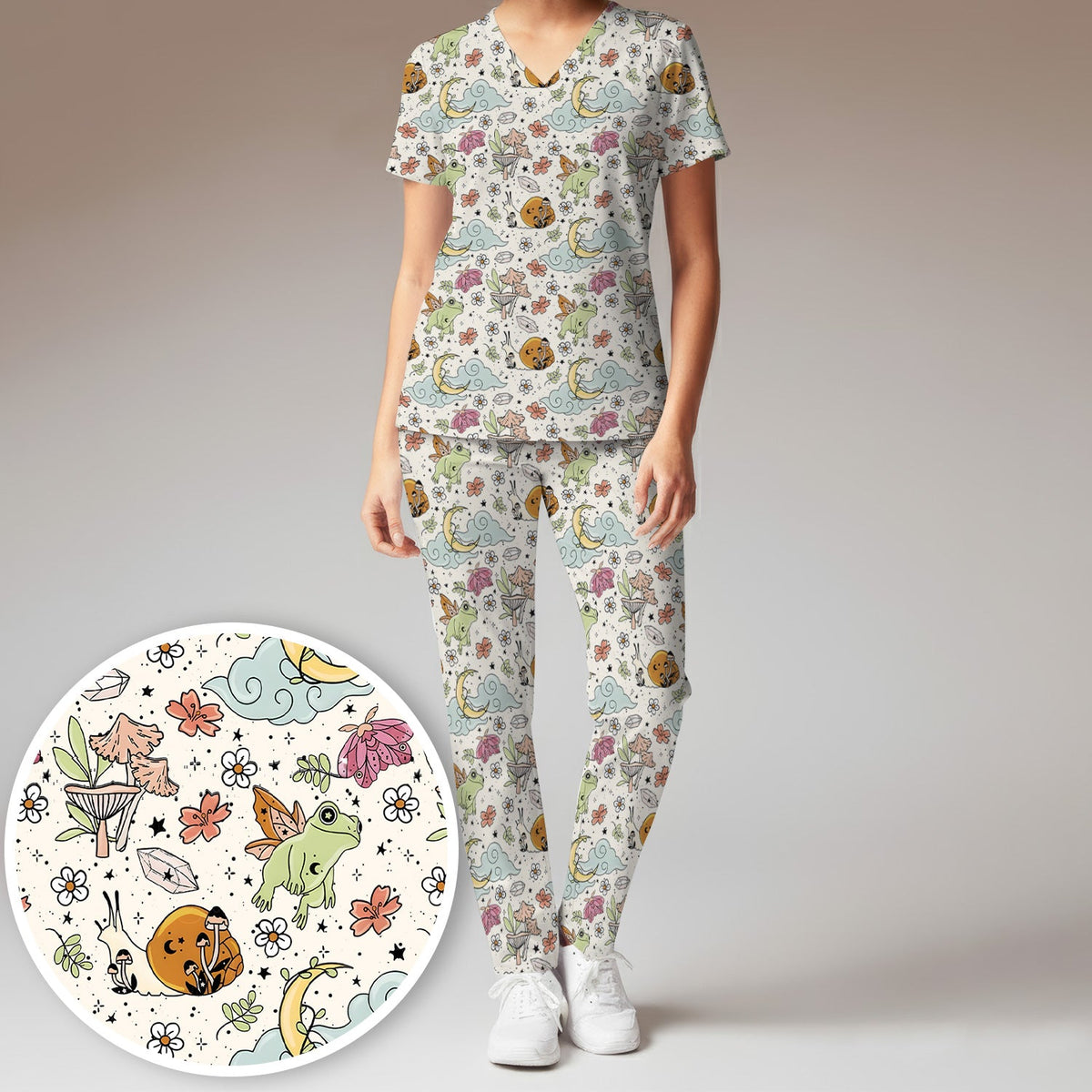 Whimsical Frog Moon Mushroom Nurse Scrub Set