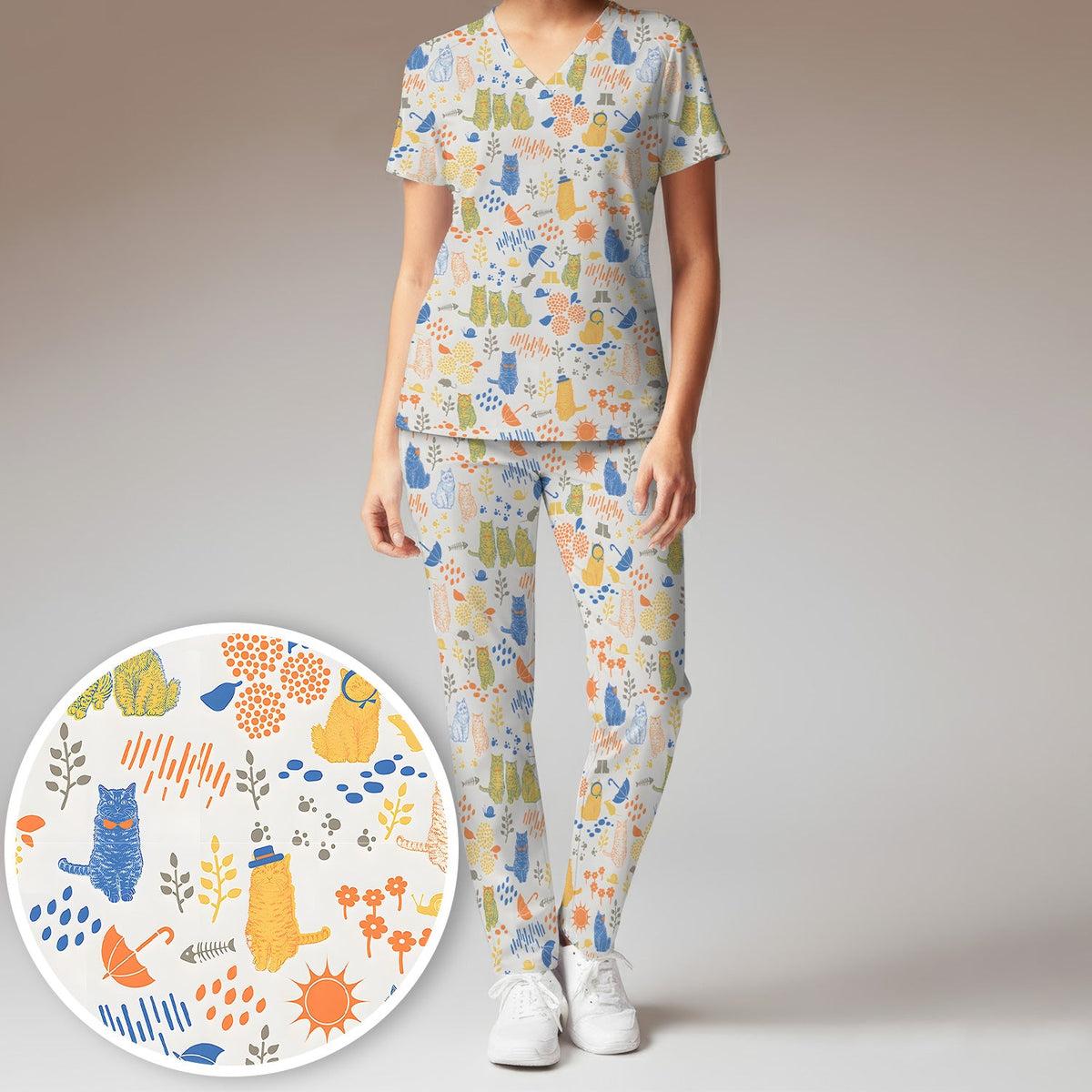 Cozy Rainy Day Cat Lover Nurse Scrub Set