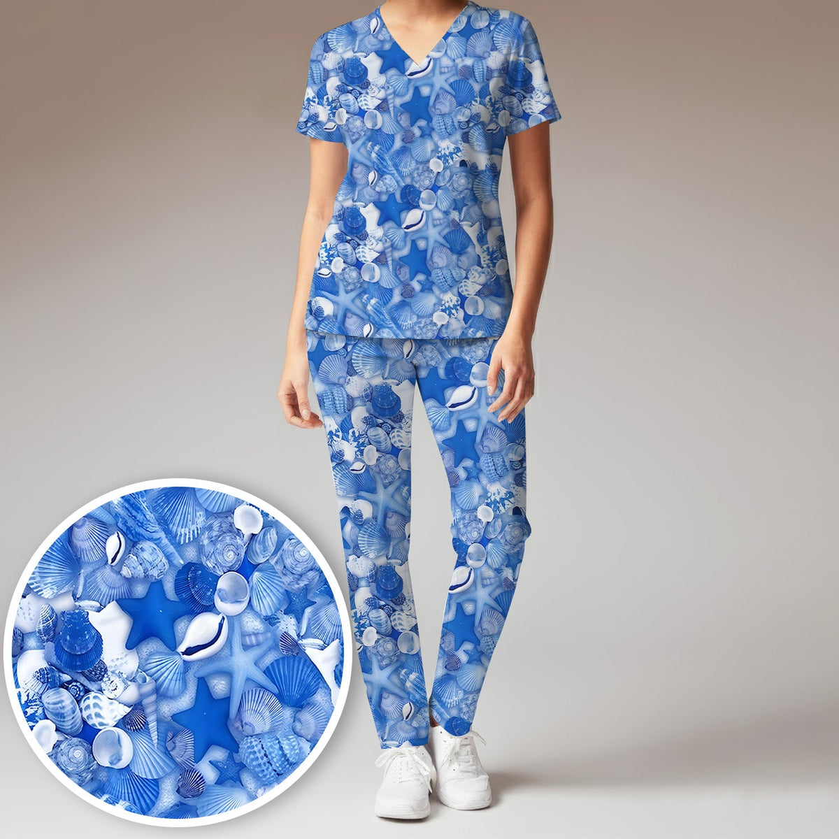 Blue Seashell Starfish Ocean Nurse Scrub Set