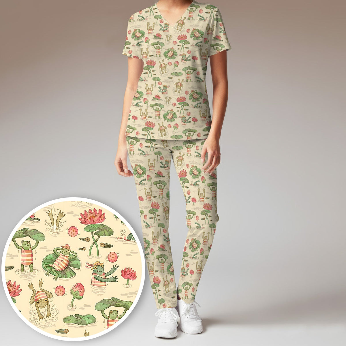 Frogs Swimming Lily Pond Nurse Scrub Set
