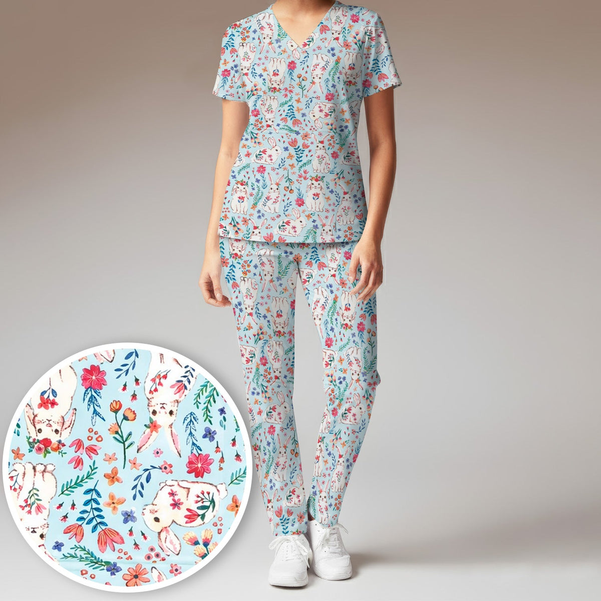 Springtime Bunny Floral Nurse Scrub Set