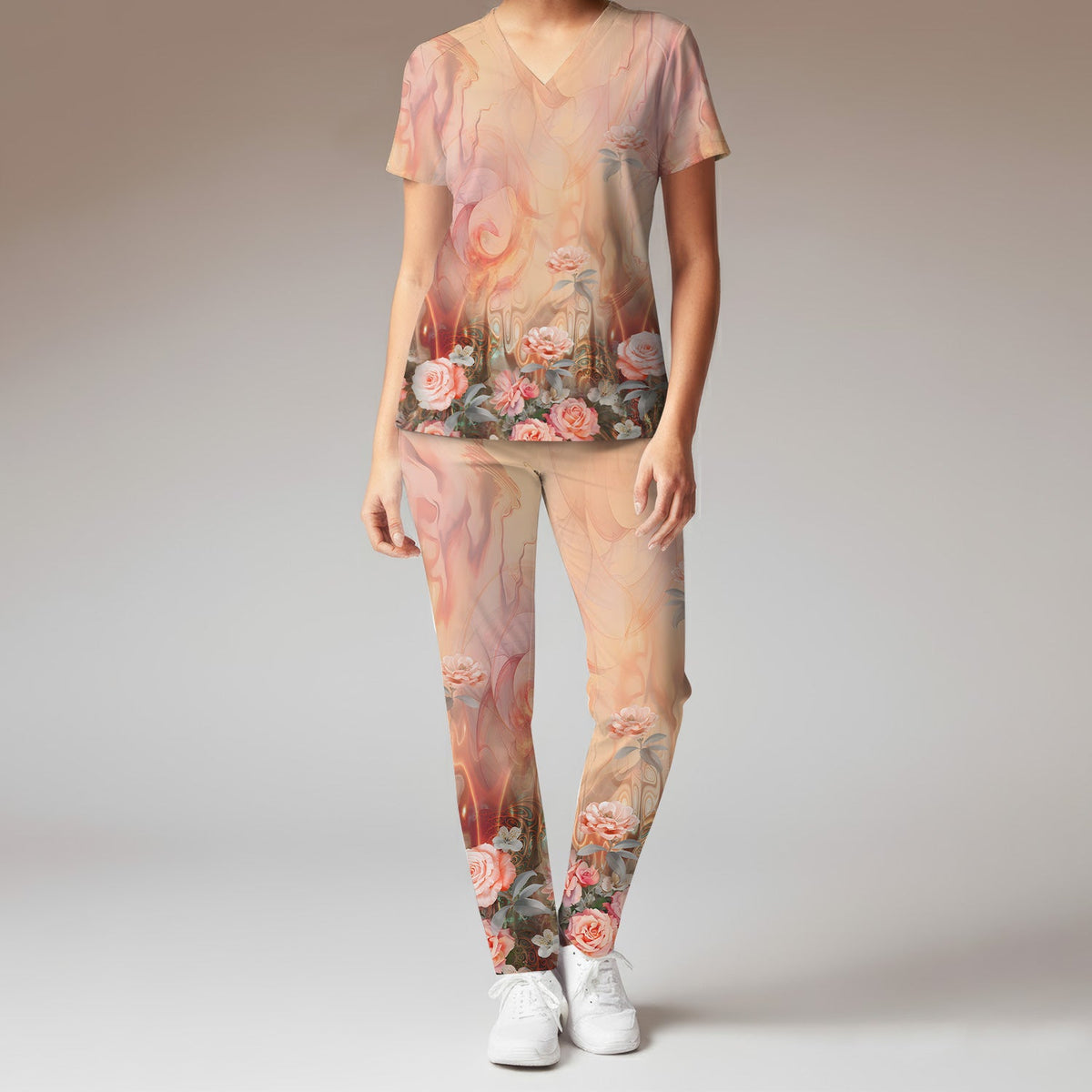 Elegant Peach Marble Rose Nurse Scrub Set
