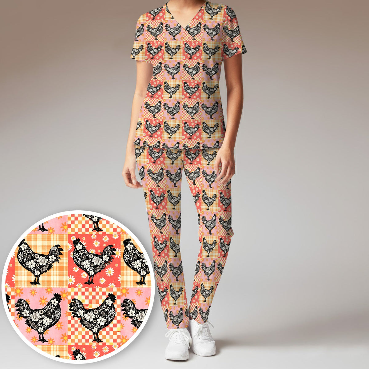 Floral Chicken Patchwork Nurse Scrub Set