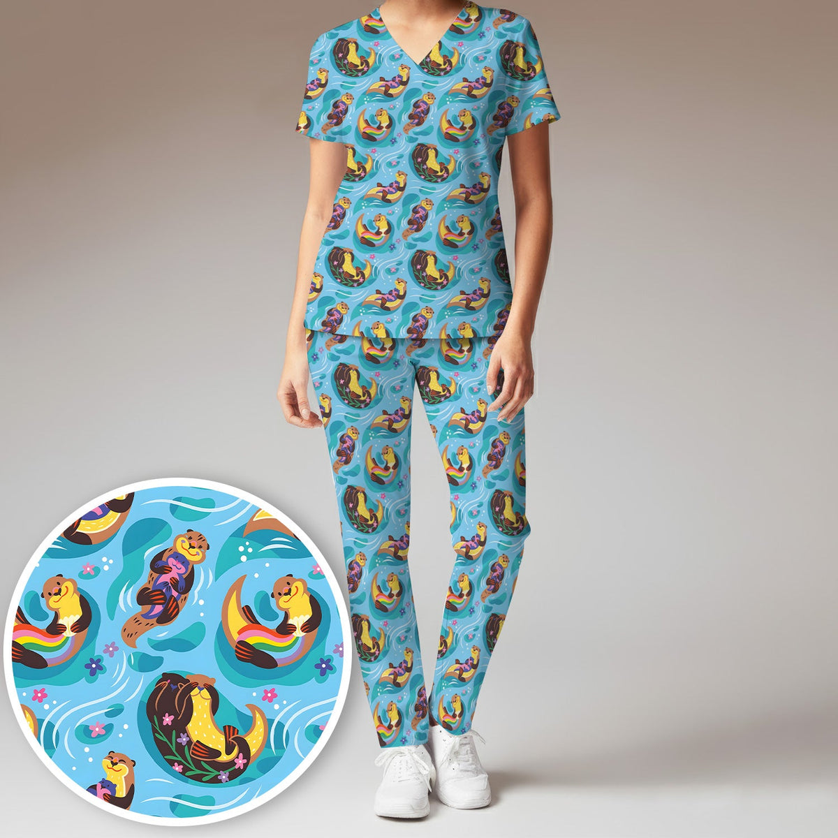 Otter Floating River Rainbow Nurse Scrub Set