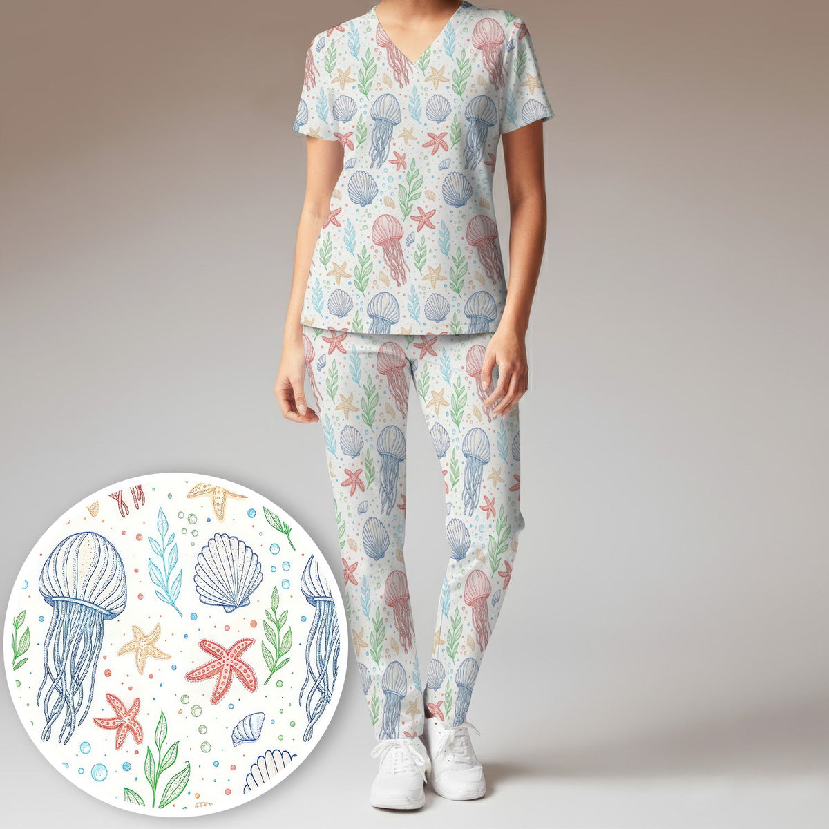 Ocean Jellyfish Starfish Seashell Nurse Scrub Set