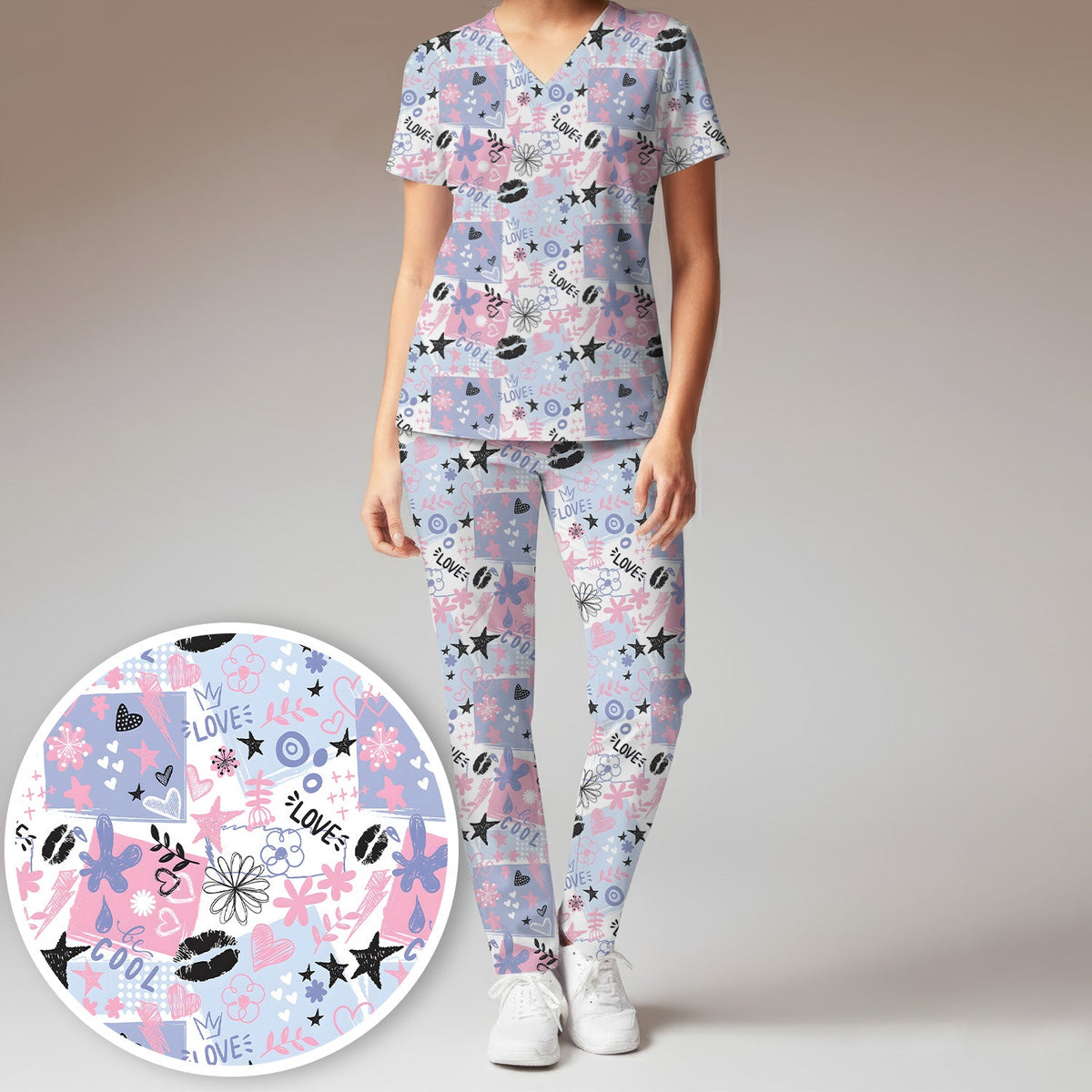 Love Hearts Doodle Nurse Scrub Set