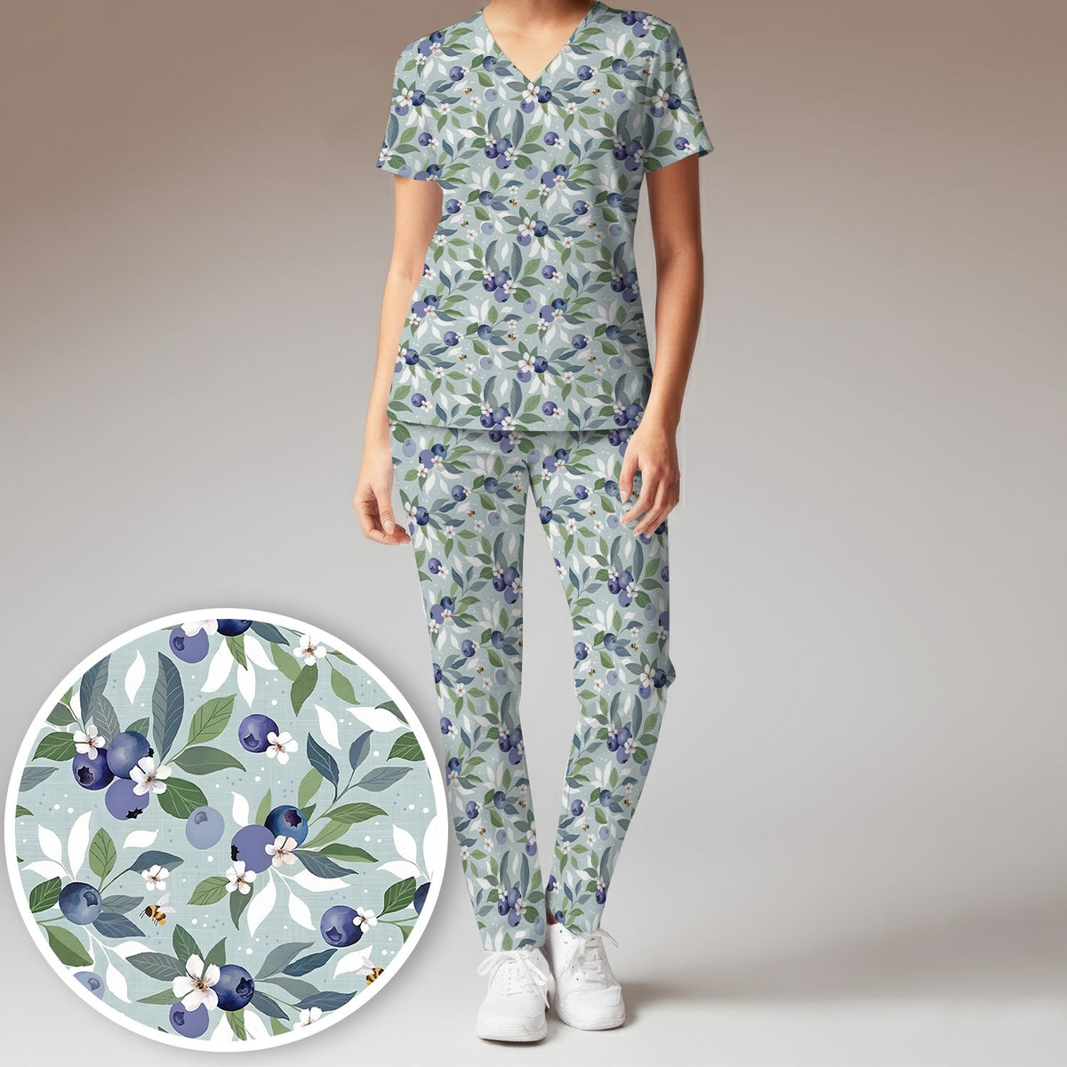 Fresh Blueberry Blossom Garden Nurse Scrub Set